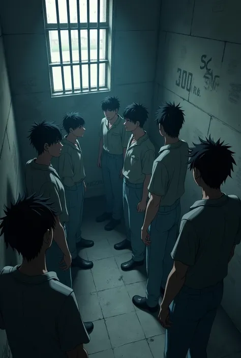 Create an image in the style of Makoto Shinkai A cell containing male prisoners