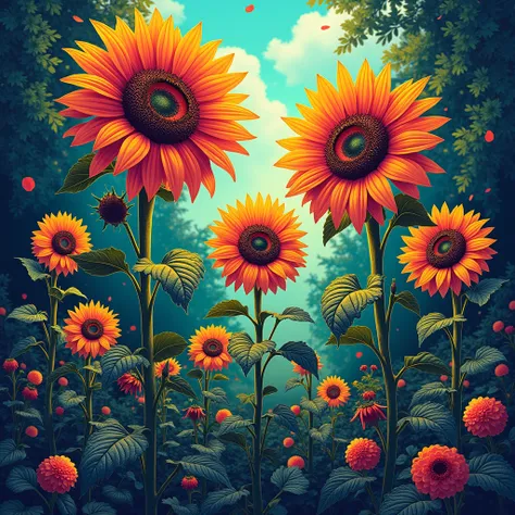 Sunflowers, garden, different shocking image, 