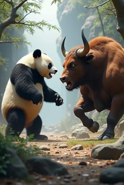 Generate for me  , A panda and a bull , both angry  , In the environment  