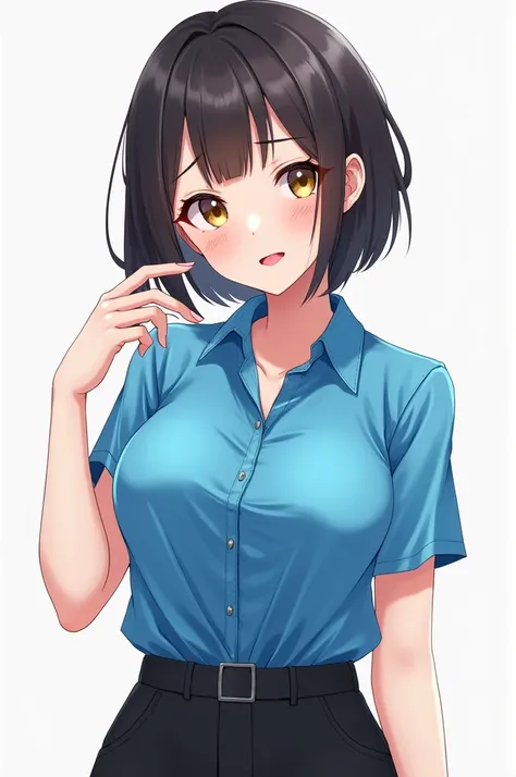 Skinny short haired girl wearing a blue shirt and black pants and big breasts with kawaii expression looks at the camera sticking out her tongue