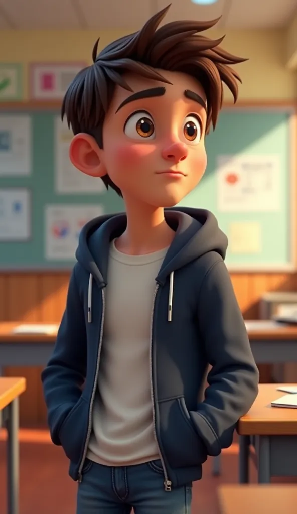 Create a Pixar-style close-up of Matías, a teenage boy with short brown hair and warm brown eyes, standing in the classroom with a deeply thoughtful expression. His posture is slightly hunched as he stands near his desk, with one hand resting on a nearby surface. His eyebrows are furrowed and his lips are slightly pursed, showing he's lost in deep thought, pondering something important. His gaze is directed downward or ahead, completely focused. The classroom background is visible, with desks, a whiteboard, and academic posters on the walls, adding to the atmosphere of contemplation. Matías is dressed in his usual dark blue hoodie, white T-shirt, and casual jeans.