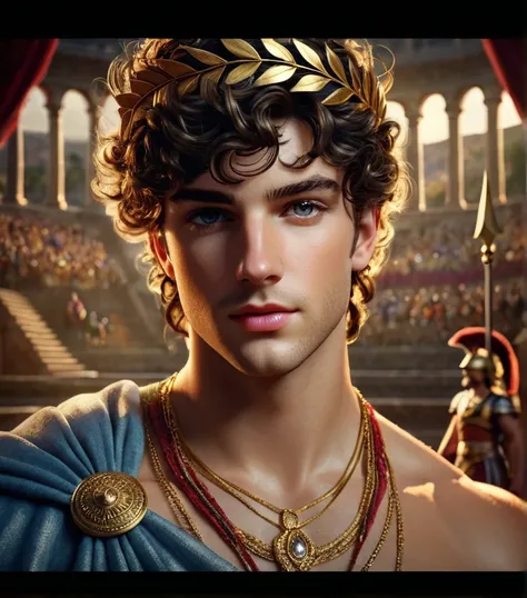 A young man with the appearance of an ancient hero or nobleman. He has thick, curly black hair adorned with a golden leaf crown. His face features strong yet elegant details, with perfectly shaped lips and a serious but gentle expression.

The man has brig...