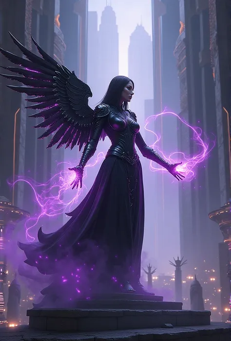 A dark sorceress with cyber wings and an outfit blending leather with glowing circuits. Her hands are surrounded by purple energy and spiritual figures as she stands in a tower with futuristic lights on the horizon