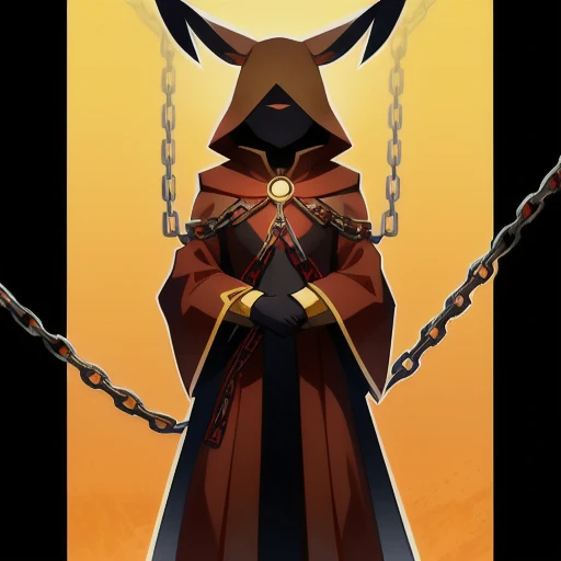 solo, male, rabbit, yellow colored fur, lean body, anthropomorphic rabbit, occultist, red robed with markings, hidden eyes, chains around arms as design,