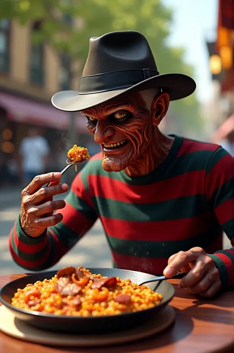 Freddy Krueger eating a paella on the Ramblas in Barcelona 