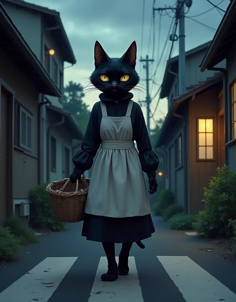  Back Alley、Bipedal black cat(Cait Sith)crosses in front of viewers 、Cait Sithはジト目で視聴者を見る、Wearing white apron、 has a shopping basket made of baskets 、 in a residential area first thing in the evening 、Please describe the Japanese jinx which is unlucky when a black cat crosses right in front of you。