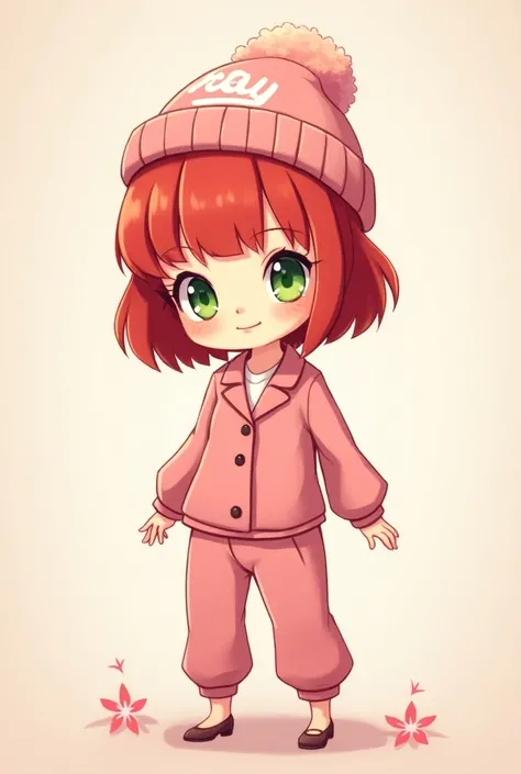  A picture of a chibi-style character named Ray. She has Short ,  Straight and Red hair and Green eyes .  Ray is dressed in a casual Pink silk suit ,  but elegant . She wears a beanie with the text  "Ray"