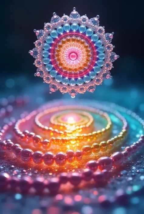  makes a transparent mandala with colored pearls,  above a rainbow colored spiral , in 3D in arabesque style 