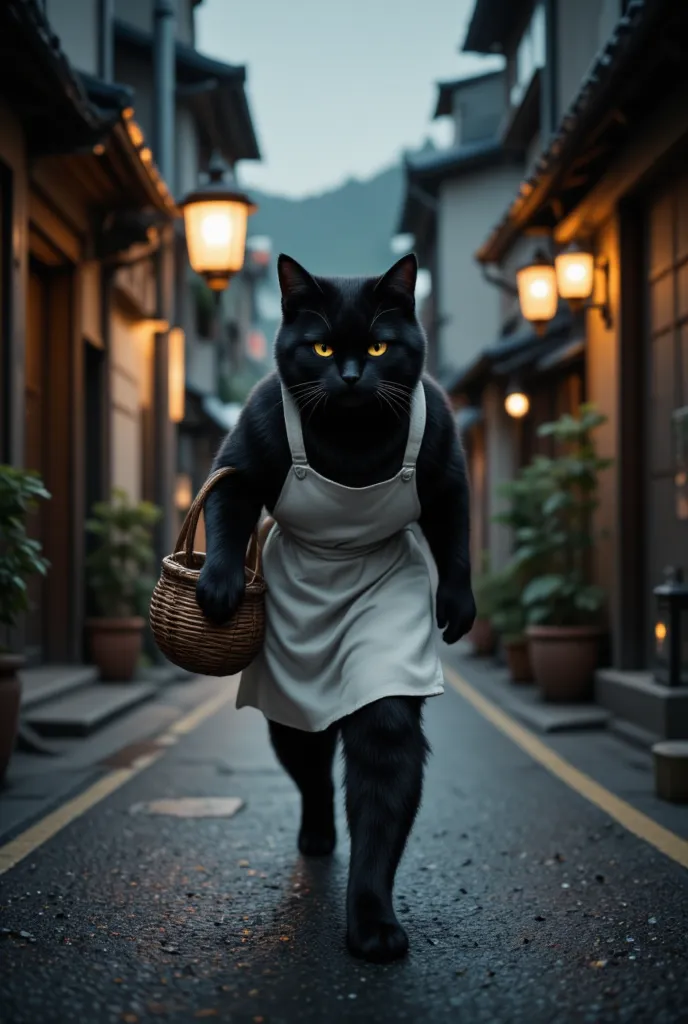 a black cat with narrowed eyes crossing in front of the viewer, wearing a white apron and carrying a woven shopping basket, in a...