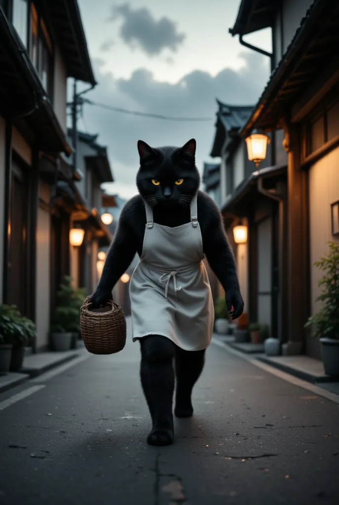 a black cat with narrowed eyes crossing in front of the viewer, wearing a white apron and carrying a woven shopping basket, in a...