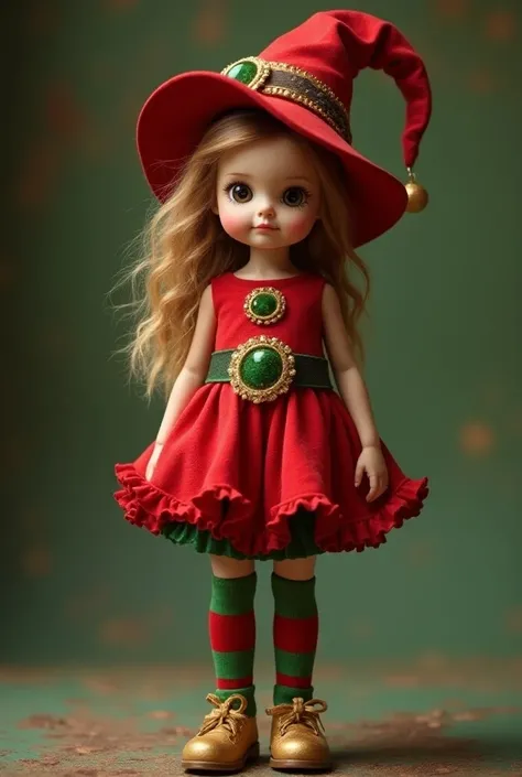 Tender girl, Christmas leprechaun dress ,  short red dress with ruffle at the bottom ,  with thick gold belt with green circle on the front ,  leprechaun hat finished in red and gold ,  green and red striped socks and gold leprechaun shoes