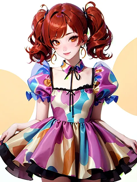 s0ftm1n1, dress, short sleeves, puffy sleeves, layered dress, cowboy shot,, absurdres, ultra detailed, masterpiece, best quality, aesthetic, detailed,, solo, 1girl, red hair, orange eyes, amber eyes, swept bangs, parted bangs, low twintails,
short hair, me...