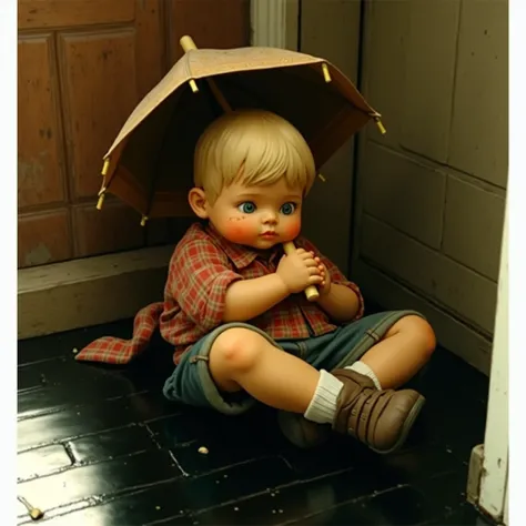  fat slung shorts sitting on the floor plaid shirt with umbrella retro style reference german hummel doll 