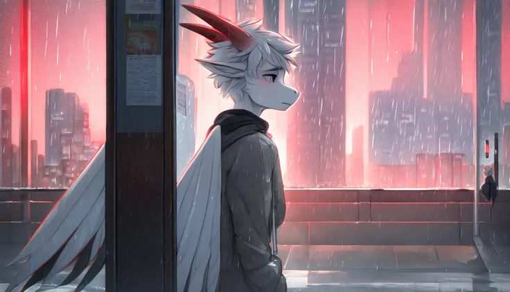 Skinny Red Horned Fluffy White Dragon Femboy Wearing Winter Outfit All White Wings White Cool White Hair City Place Rain Fairy Wings Handsome Hairstyle Sad Handsome Face Sitting At Bus Stop 4k Picture Of Handsome Looking Dragon Very Cool