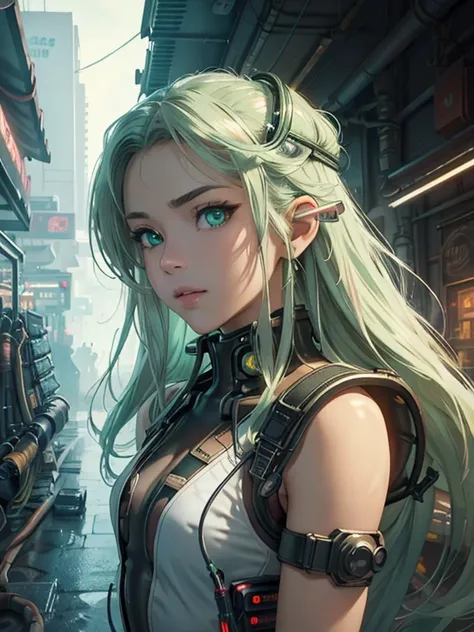 masterpiece, Best Quality,  high definition CG Unity 8k wallpaper with lots of wiring,  Cyberpunk 、(Upper body portrait,  Focus on the Face )、((( perfectly symmetrical and beautiful face, Detailed, perfectly symmetrical and beautiful green eyes ))),  elega...