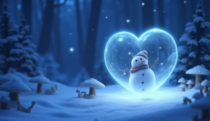 "A heart-shaped translucent bubble with a small, adorable snowman inside, floating gently in a snowy, mystical forest at night. The snowman has a tiny carrot nose, a small hat, and a warm scarf, and it seems to be smiling happily. The bubble reflects soft,...