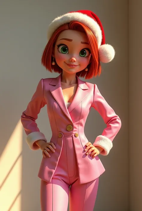 A photo of a Moana-style character named Ray. She has Short ,  Straight and Red hair and Green eyes .  Ray is dressed in a casual Pink silk suit ,  but elegant . She wears a Christmas hat with the text  "Ray"