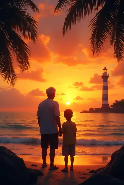 Father and son watching the sunset in the sea in Sri Lanka