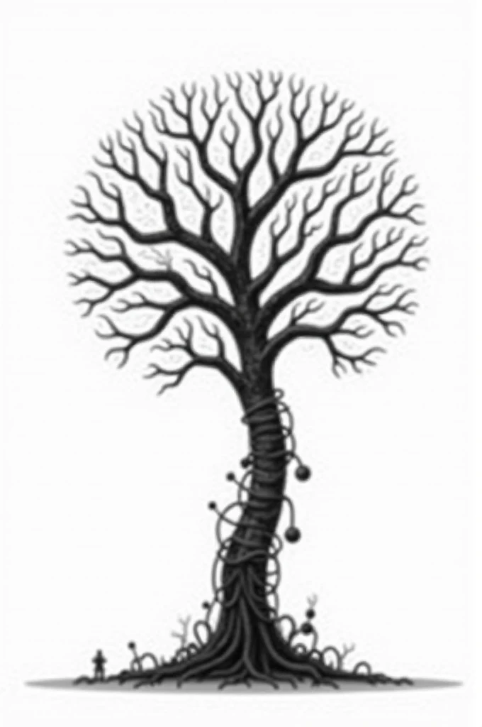 Simple black and white drawing of a tree made of technology 