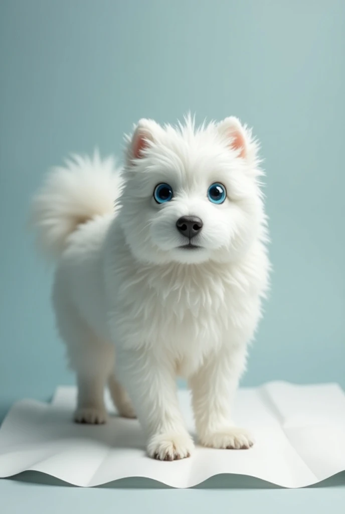 A large white shaggy dog with blue eyes walking on a paper with a curled tail and ears standing