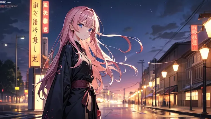 Anime Women 、((( 1 woman)))、((Im staring at my opponent with a smile)）(( After the Rain Stops 、 Scene with Streetlights Reflected on Wet Asphalt。  Standing Alone in a Night Town with Little Traffic 。  Loneliness and Loneliness Drift 、「Night of Thoughts 」 T...