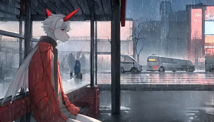 Skinny Red Horned Fluffy White Dragon Femboy Wearing Winter Outfit All White Wings White Cool White Hair City Place Rain Fairy Wings Handsome Hairstyle Sad Handsome Face Sitting At Bus Stop 4k Picture Of Handsome Looking Dragon Very Cool