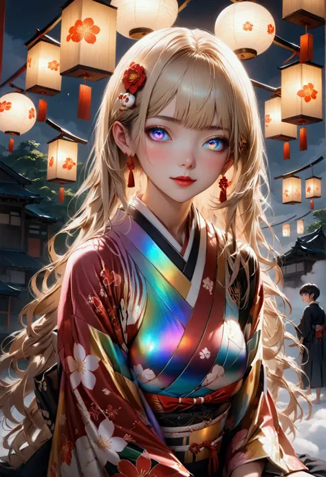 1youngwoman,mahiru shiina,Long smooth straight light golden hair, iridescent eyes,fair skin,aesthetic body,sitting in skimpy japanese clothes.masterpiece, super detail,detailed eyes, best quality, 8k, semi-realistic