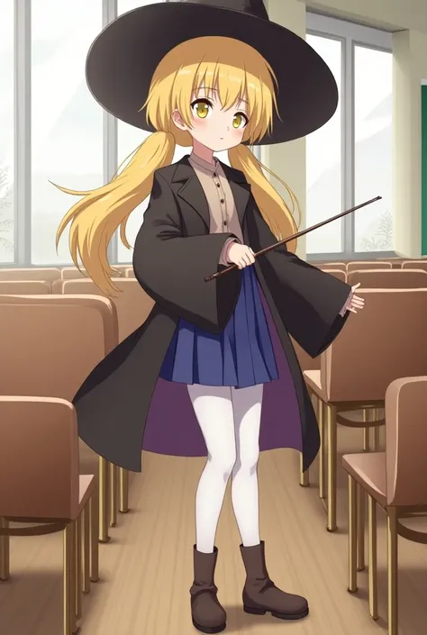 young girl, classroom, empty chairs, white stockings, witchs robe with a brown blouse and short blue pleated skirt, yellow eyes, slanted eyes, long, loose blonde hair, two large pigtails, brown boots, smile, magic wand , large windows, medium height, full ...