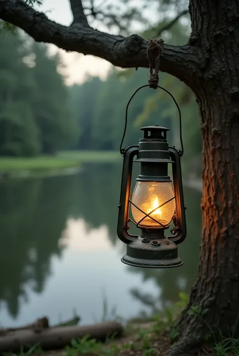 While camping near a lake, 30 year Cara noticed an old, weathered lantern hanging from a tree.