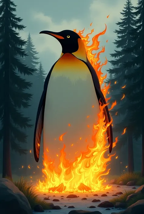 a giant emperor penguin on fire, in a pine forest, depth of field, parallel shadow, simple background, gothic art, Ghibli color paletteAnimado, 