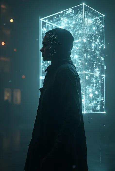 Futuristic humanoid silhouette with notorious flashes of electronic circuits with dim artificial intelligence lighting and in the background a universe of ideas in a floating 3D cube in expansive dispersion
