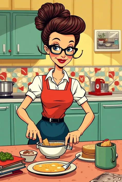 Create an image of a lady making food in the 1960s in comic format 
