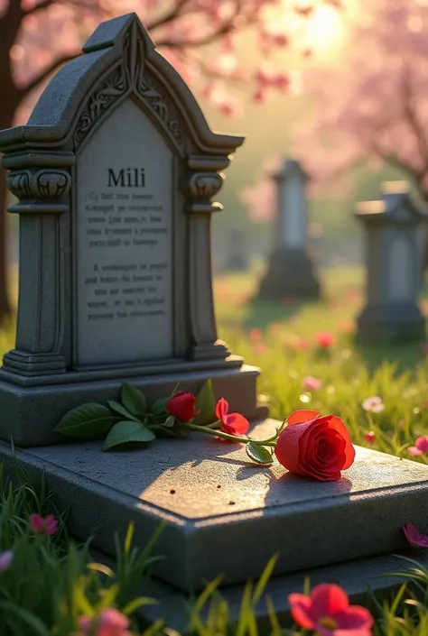 "A quiet, sunlit cemetery surrounded by blossoming trees, where an intricately carved stone epitaph stands. A single, fresh red rose is laid tenderly on the epitaph, with dew drops glistening in the soft morning light. The inscription reads: In loving memo...