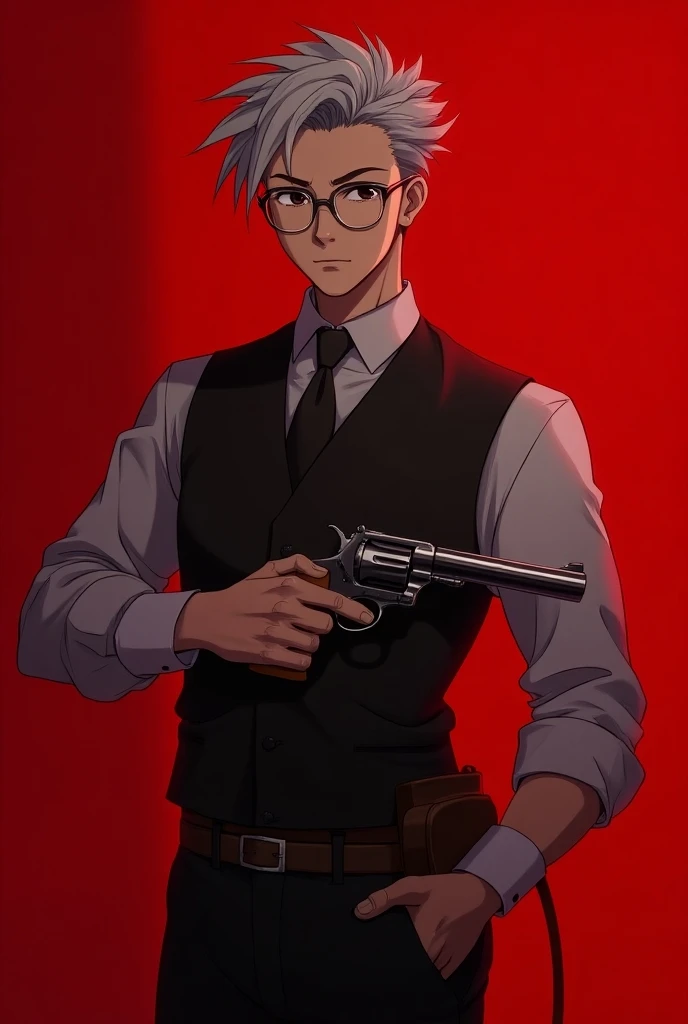 A silver haired 28 years old man with a round glass specs waistcoat  standing dark red background with colt  revolver with holster in anime art 