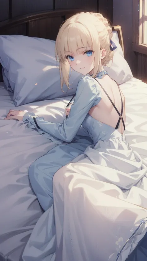   Very detailed, masterpiece,   best quality , solitary,   soft smile, Smile gently,   1 girl at home,   blue eyes,  Long hair , blond, long blond,   French braid ,   bangs, The full body headdress  ,   strappy dress,   open back dress , Carnelian Pillow, ...