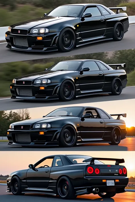 Create an aesthetic phone wallpaper with several real images of the Nissan GTR R34 Color black at various angles