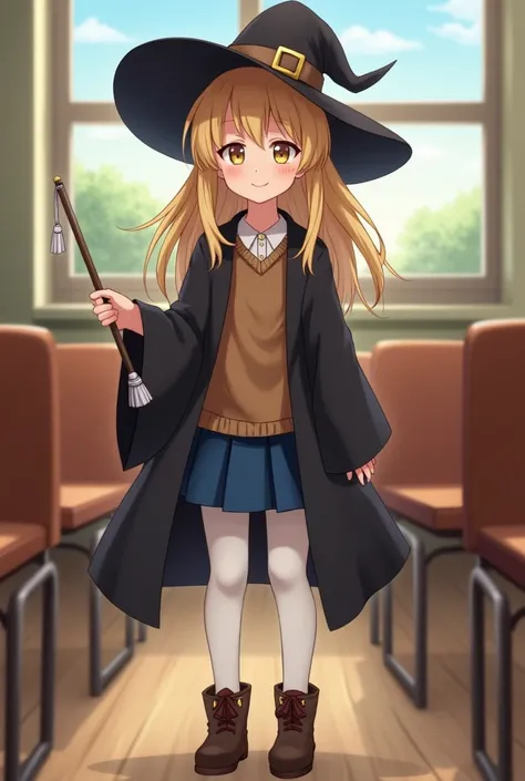 young girl, classroom, empty chairs, white stockings, witchs robe with a brown blouse and short blue pleated skirt, yellow eyes, sleepy look, long, loose blonde hair, two large pigtails, brown boots, smile, magic wand , large windows, medium height, full l...