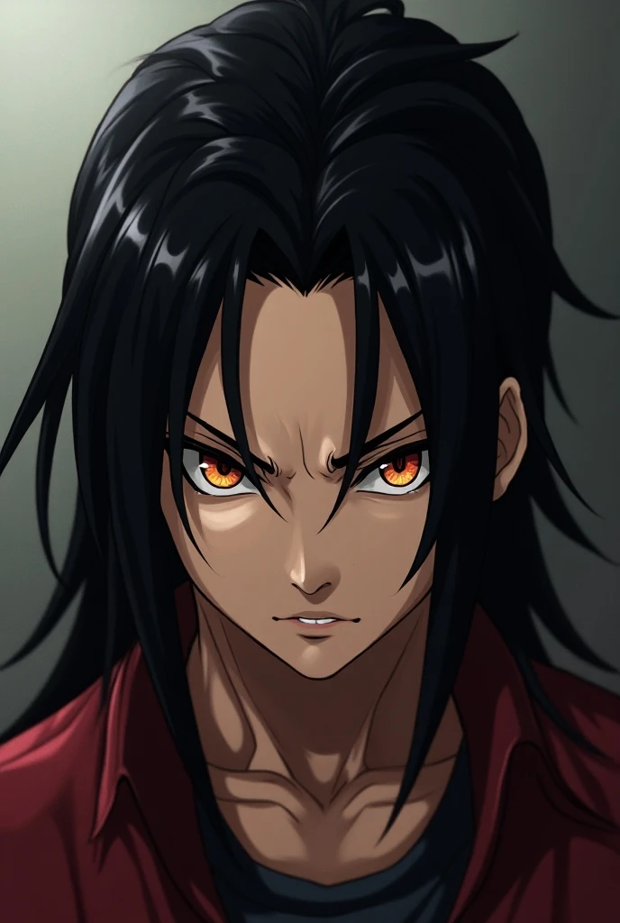 Draw an anime-style male boy with long and capable black hair,  looking black hair with serious looking red circles and expressive gold-colored eyes