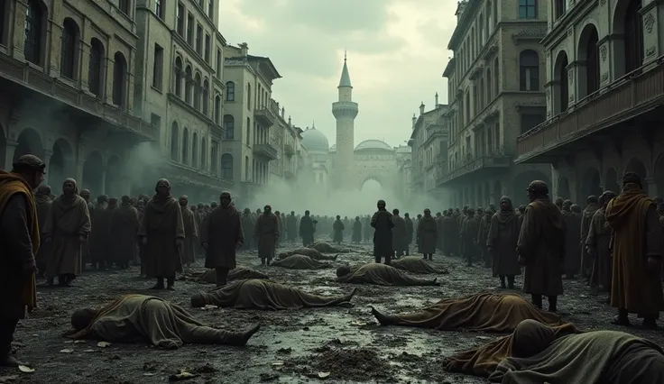 "Constantinople, chaotic city streets covered with bodies, people wearing rags and tunics, some sick and lying in the streets, others trying to help, dark shadows and ominous skies overhead, ruined buildings in the background, hyper-realistic, cinematic, p...