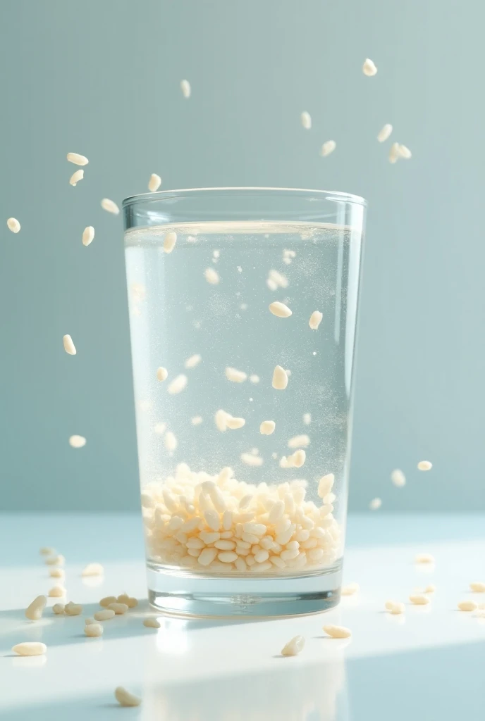 a glass of precipitation with a mixture of water and rice