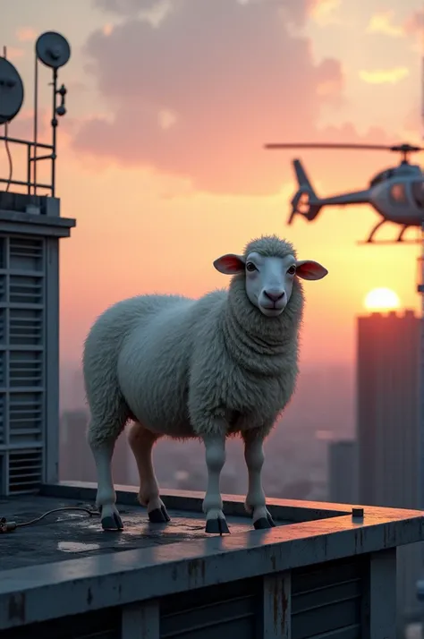 Obeja standing in a rooftop building at dusk next to a helicopter
