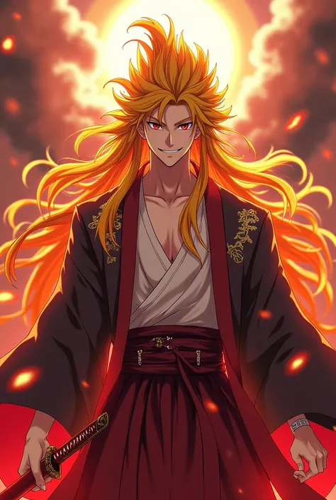 1male, Rengoku Kyojuro,  with long yellow and red hair , Staring at you,  with a crimson katana in her hand, hunters uniform , Haori from the flame Hashira ,  smiling.