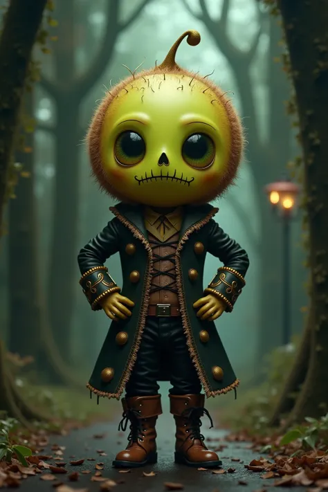 generate images of kawaii chibi character of (kiwi fruit head) zany scarecrow with a horror fantasy theme,(hands on hips:1.5),clothes must be highly intricate rococo style , elegant, and visually striking, highly detailed leather boots, resembling digital ...