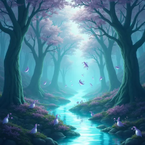 An otherworldly forest where the trees have translucent, glass-like trunks, with luminous leaves shifting in colors from turquoise to lavender. Strange creatures float gently through the air, while a river of liquid light flows through the scene.