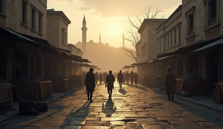 "Deserted streets of Constantinople, empty market stalls and abandoned buildings, a few weary travelers walking away from the city gates, the walls of Constantinople in the background, the light fading into twilight, hyper-realistic, cinematic, photo reali...