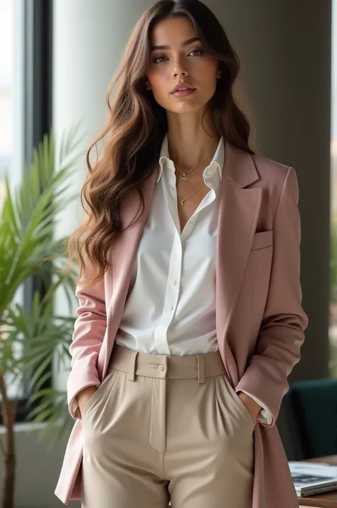  Beautiful girl with long wavy hair, with formal beige pants folded ,  white shirt and bleiser pink grey formal 