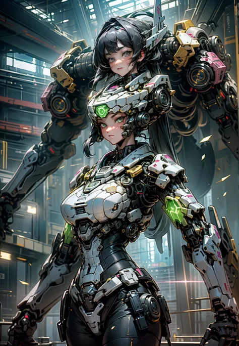 ((melhor qualidade)), ((obra de arte)), (muito detalhado:1.3), 3D, Shitu-Mecha, Beautiful cyberpunk woman with her pink mech in the ruins of a city in the forgotten war, Tecnologia Antiga, HDR (High-range dynamics), rastreamento de raio, NVIDIA RTX, Super ...