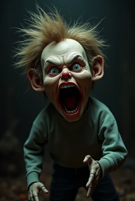 Give me the image of the puppet from the movie of chills screaming as if she were scared a little more animated, Let him see that he is more afraid, That he has hair on his head


