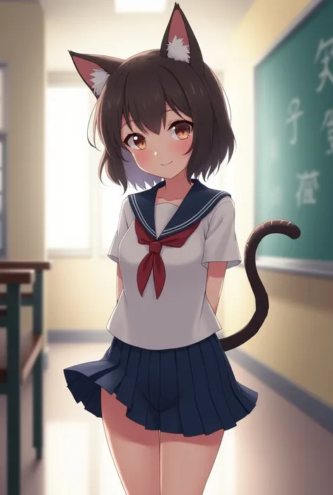 Like an anime where humans have cat ears
It feels like theyre sexy and cute
A high school girl is wearing a miniskirt uniform
