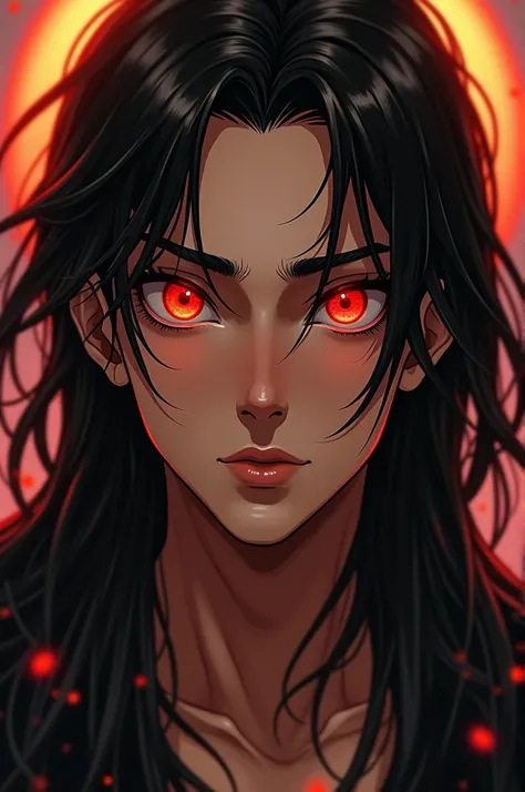 ((chico))+(( mens))+(( expressive golden eyes ))+((red circles ))+(( long hair in capable and black))+((Ceria expression)).